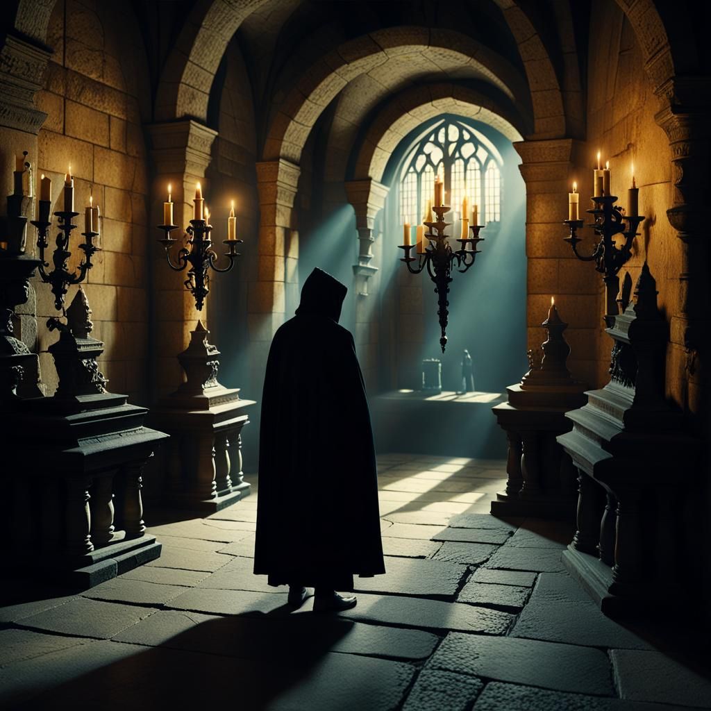 Mysterious Hooded Figure in Dimly Lit Chamber