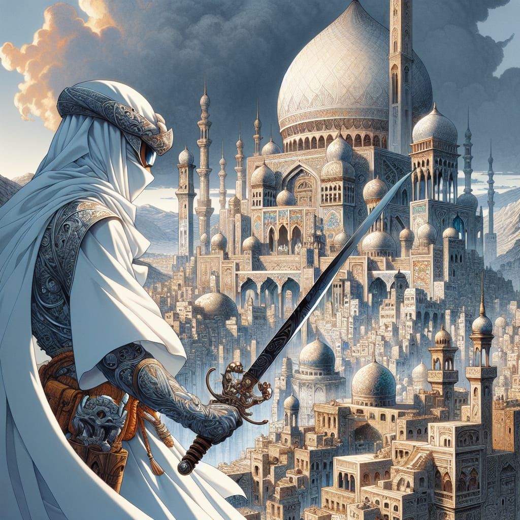 Arabian Knight in White Attire, Ancient City in the Backgrou...
