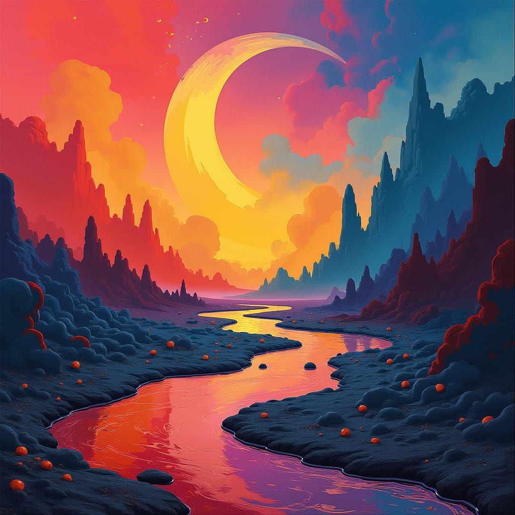 Vibrant Surrealist Dreamscapes in Bold Stencil Style