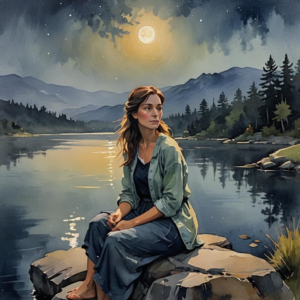 Dreamy Gouache: Woman by Moonlit Lake