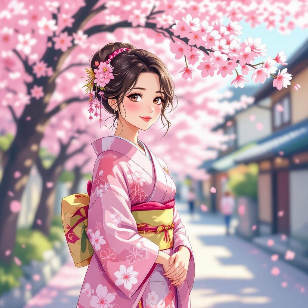 Sakura in Pink Kimono Under Cherry Blossoms