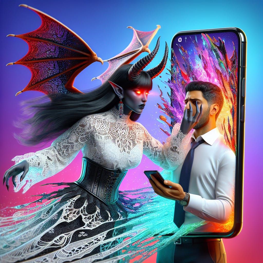 Hispanic Demon Emerges from Smartphone Screen in Hyperrealis...