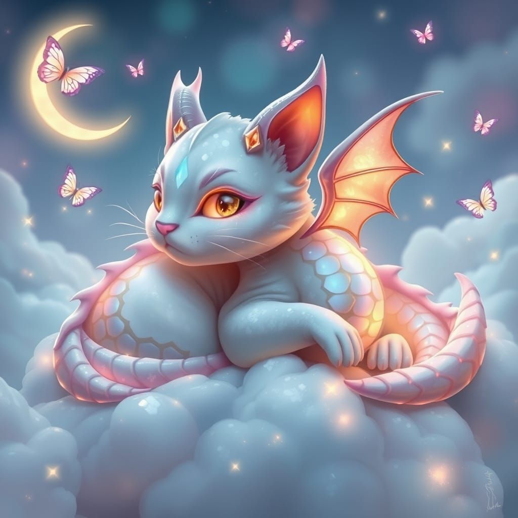 Dreamy Cat-Dragon Hybrid on Pastel Clouds