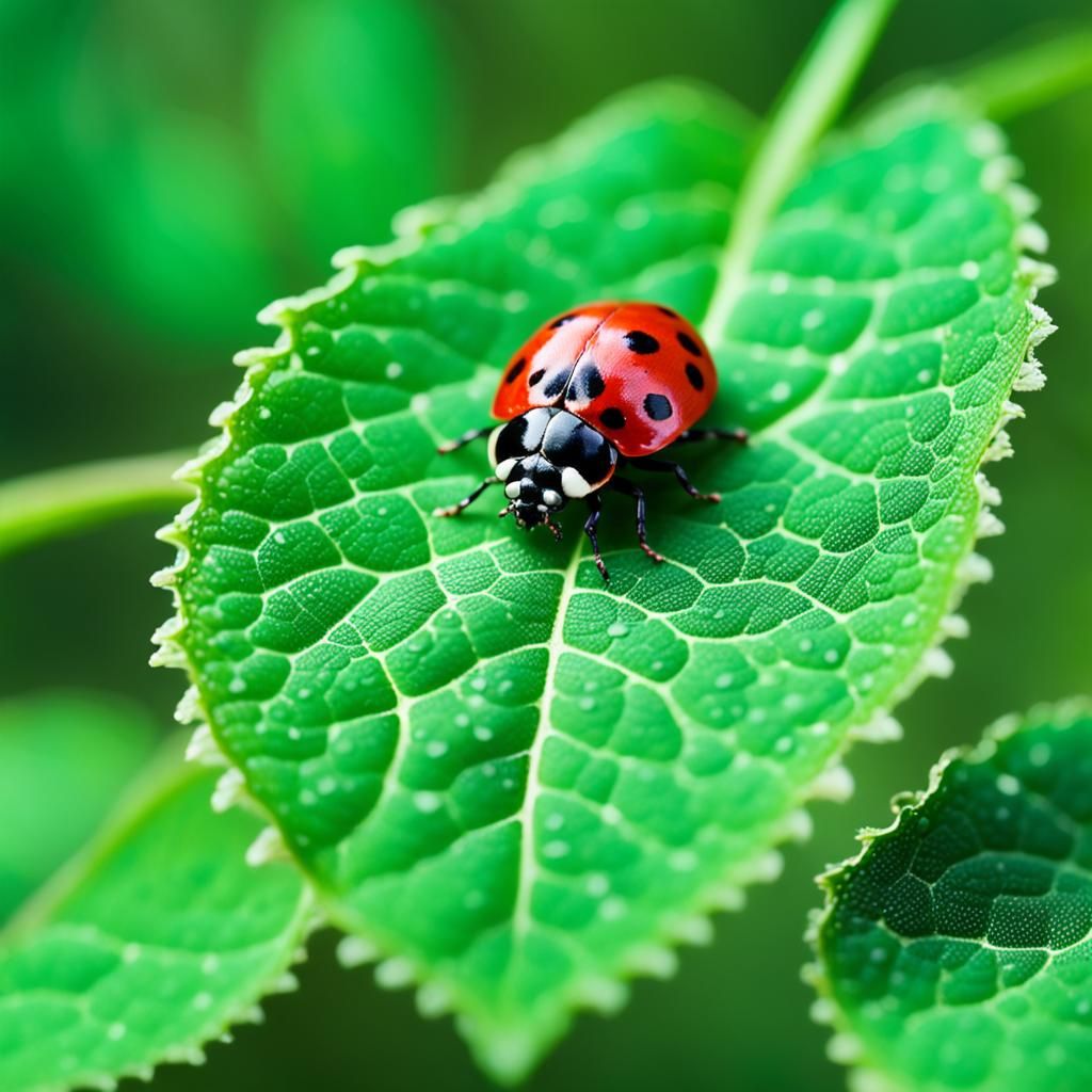 Ladybug's Microscopic Journey on a Green Leaf