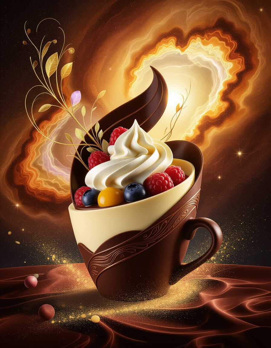 Surreal Coffee Chocolate Sculpture in Cosmic Nebula