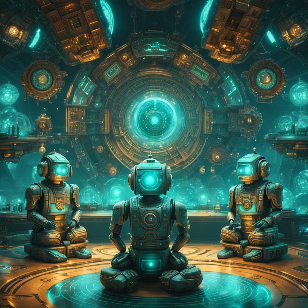 Robots Meditating with AI on Spaceship, Detailed Digital Art