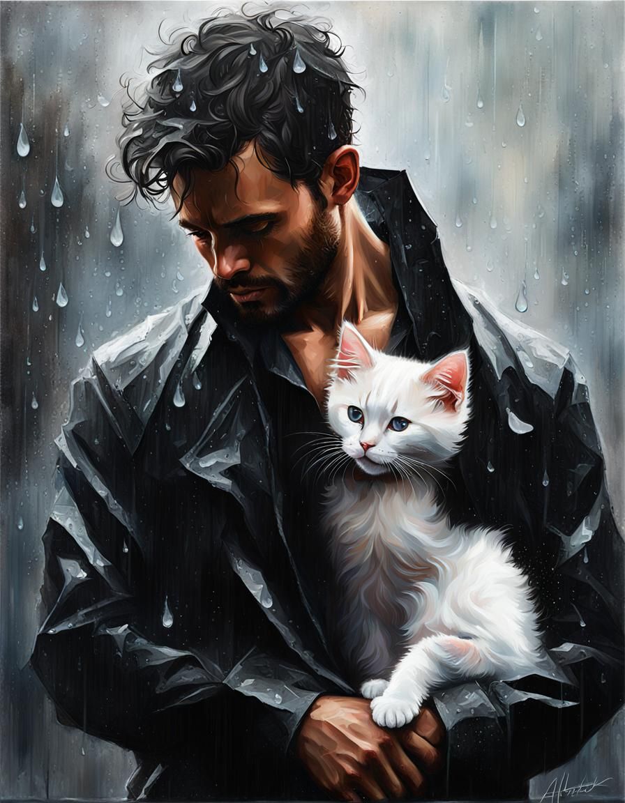 Man with Kitten in Rainy Impasto Style