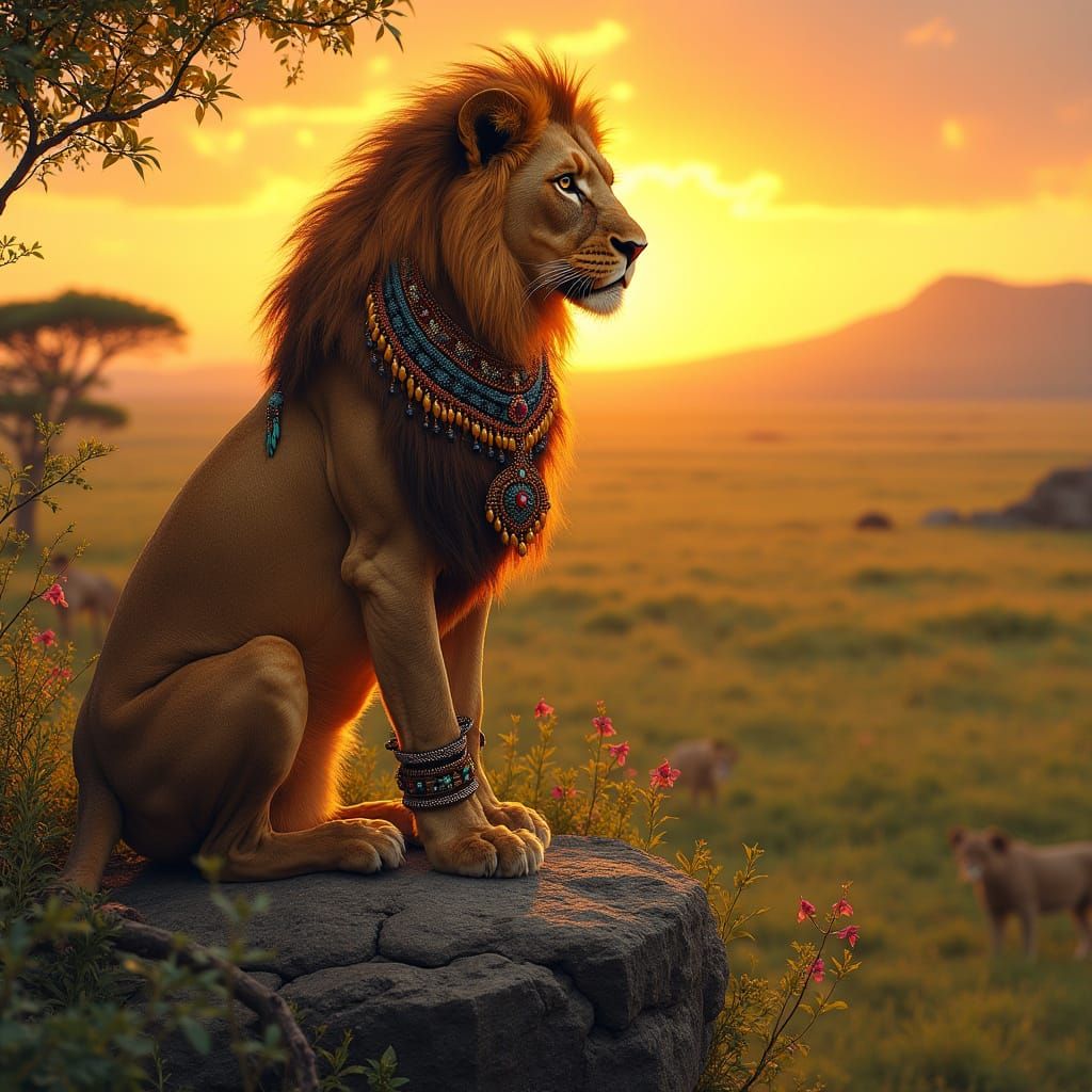 Lioness Surveys Her Kingdom: Art Nouveau Style