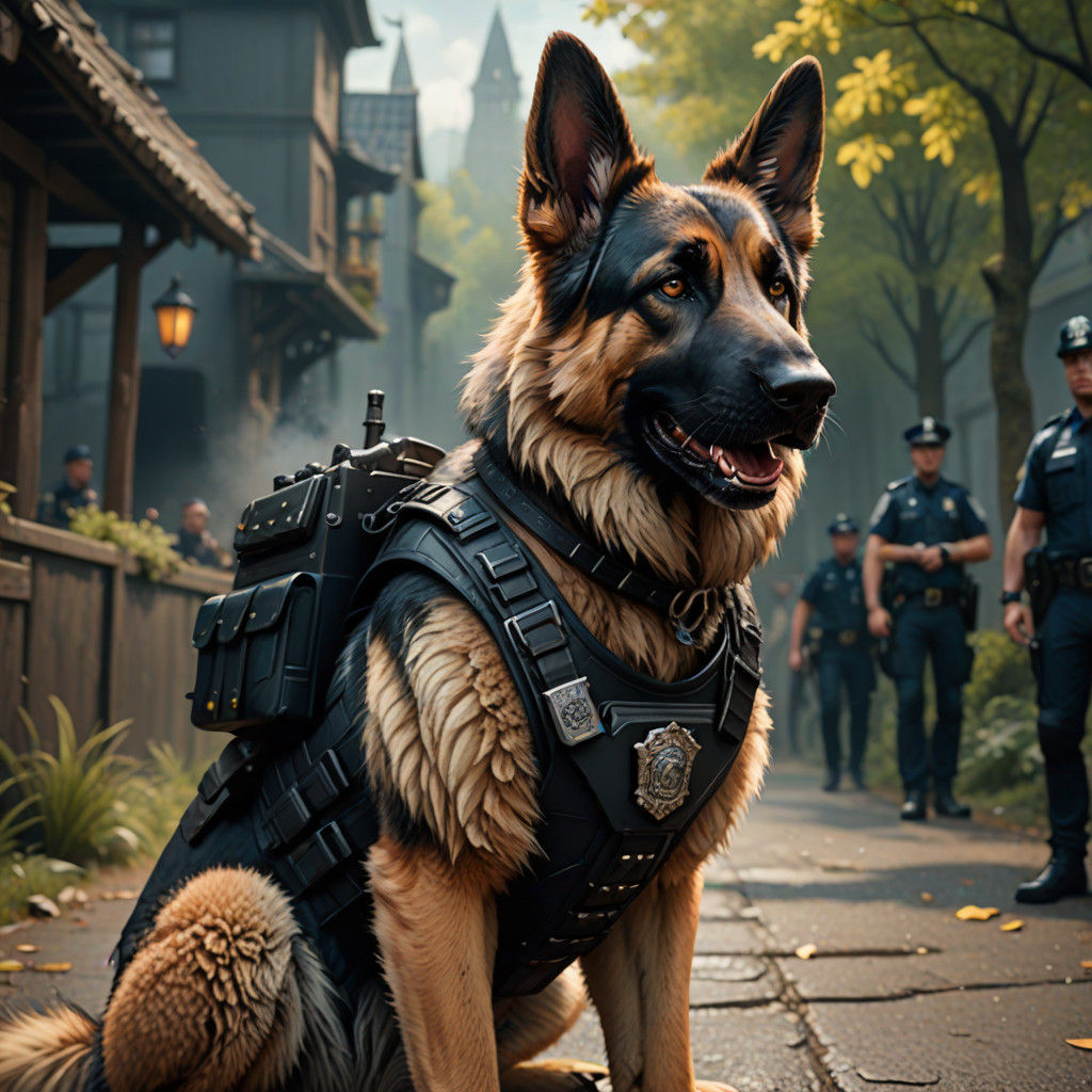 An Anthro German Shepherd Police Dog in a Fantastical Urban...
