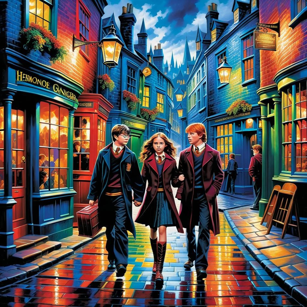 Harry Potter and Friends in Diagon Alley Art