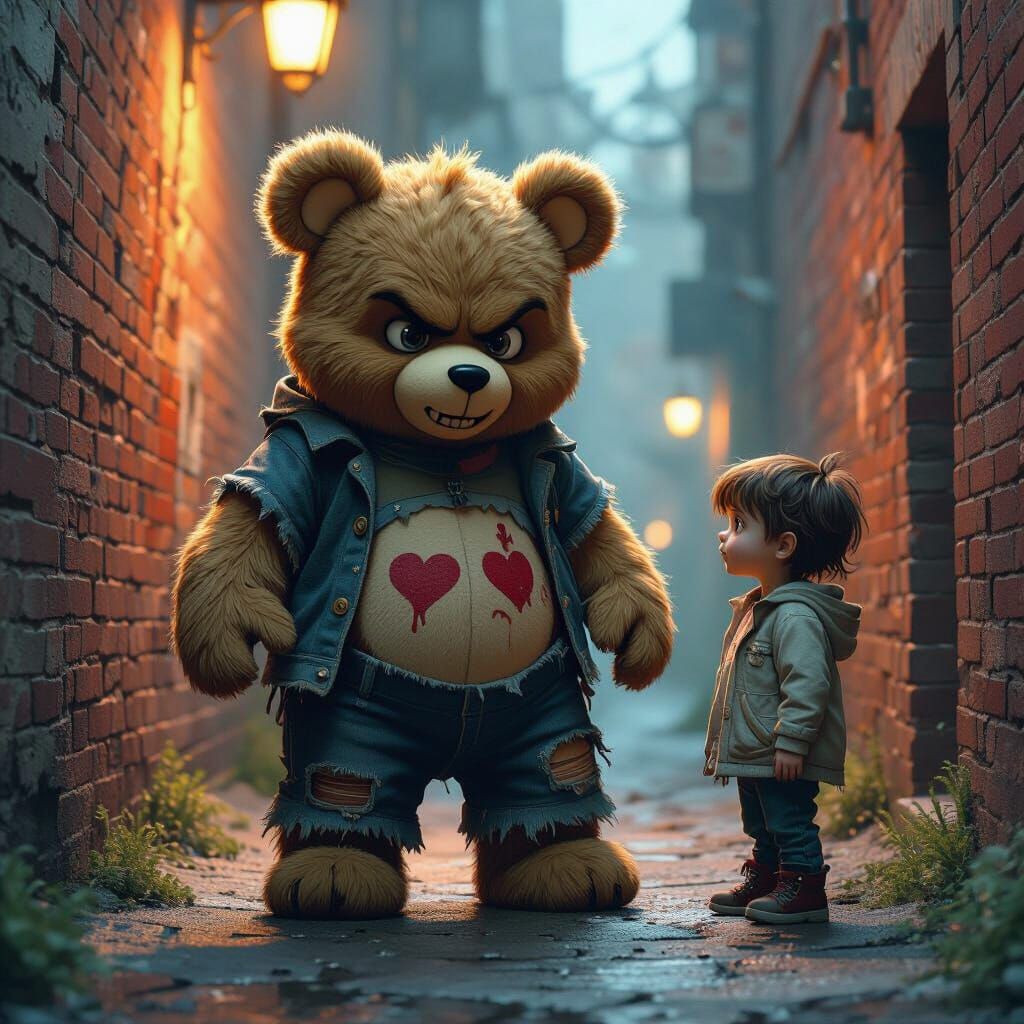 Ominous Care Bear in Dark Alley, Matte Painting