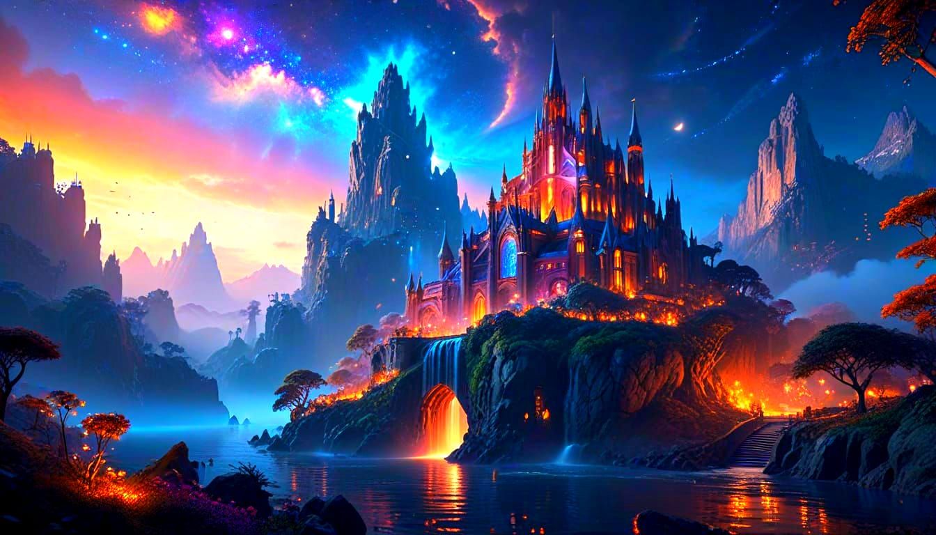 Floating Island City in Galactic Night Sky