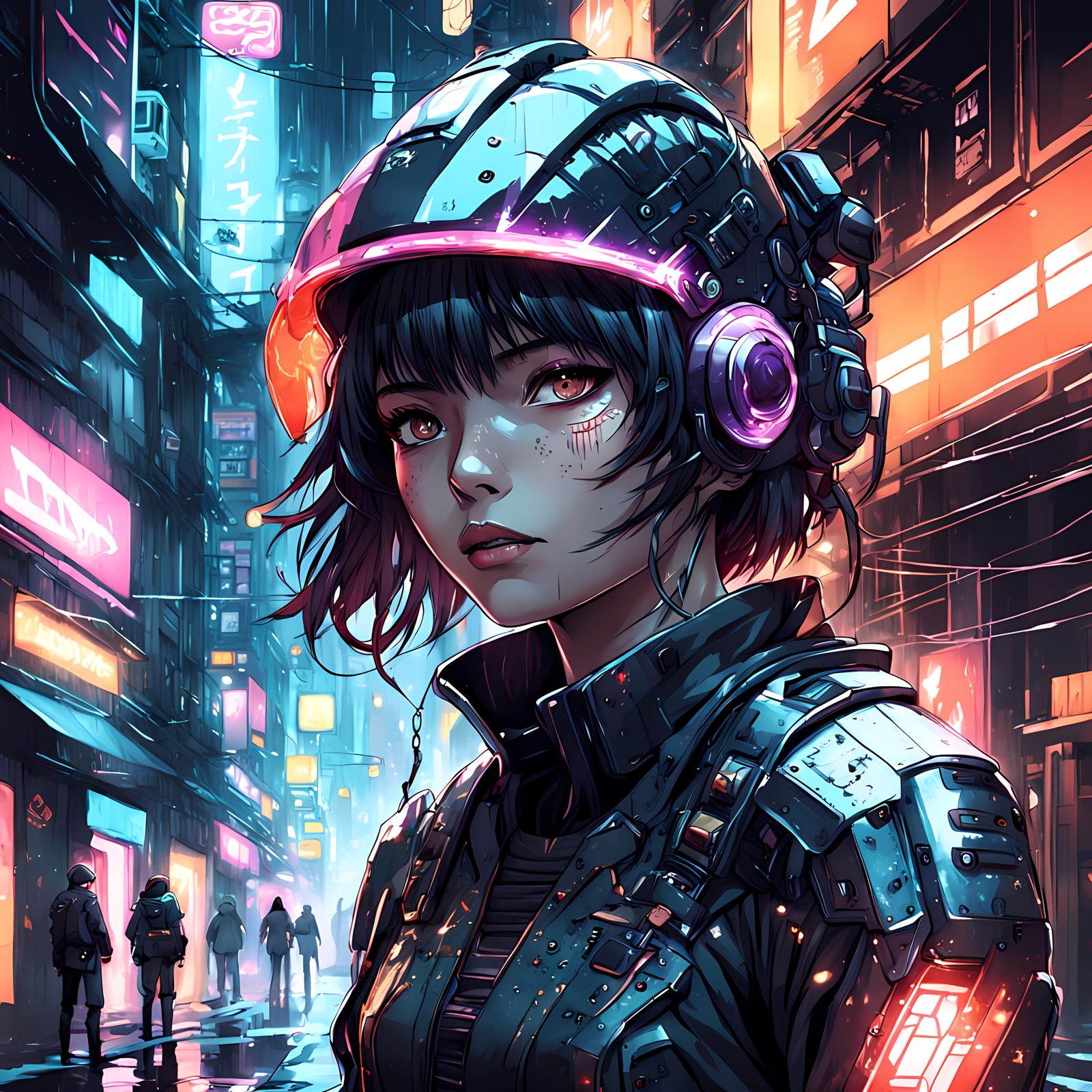Motoko Kusanagi in Gritty Cyberpunk City