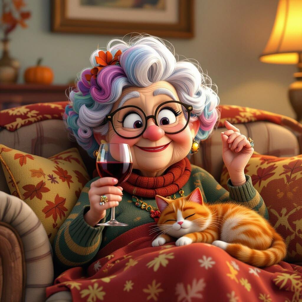Quirky Grandma Lounges with Red Cat and Wine