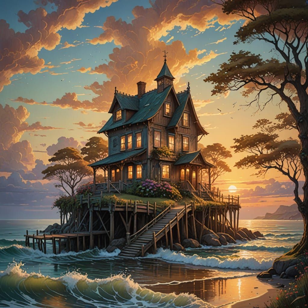 Dreamy Seaside Cottage in Sunset Glow