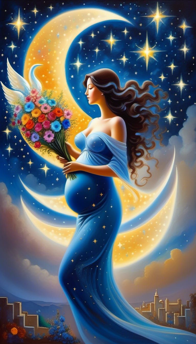 Pregnant Woman in Surrealist Starry Scene