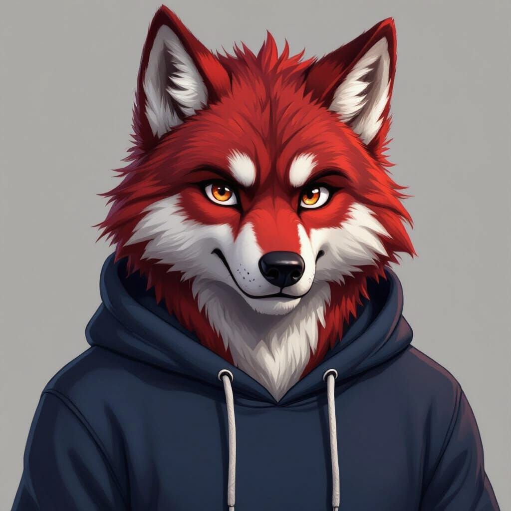 Muscular Red and Blue Wolf Fursona in Realistic Style