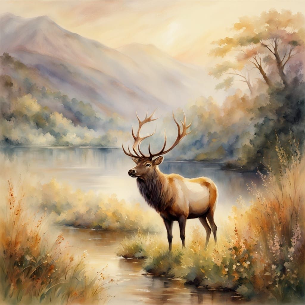 Watercolour Painting of Majestic Elk in Alpine Serenity