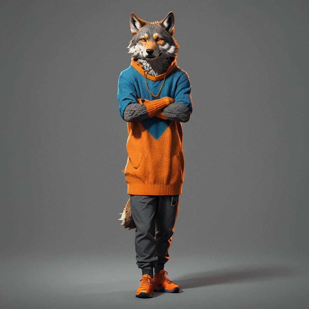 Angry Wolf Portrait in Sweater, Digital Art