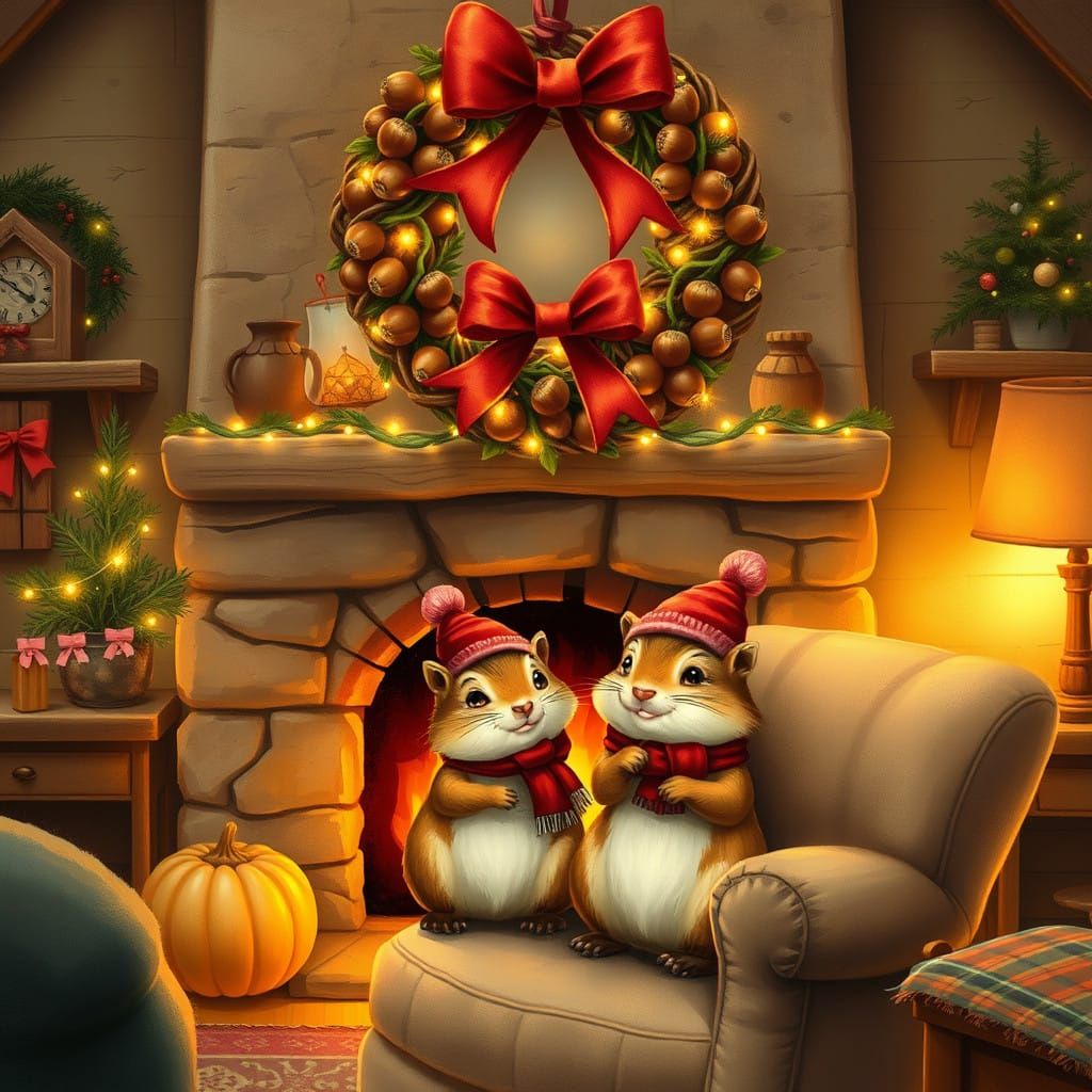 Cozy Christmas Scene with Chipmunks and Twinkling Lights