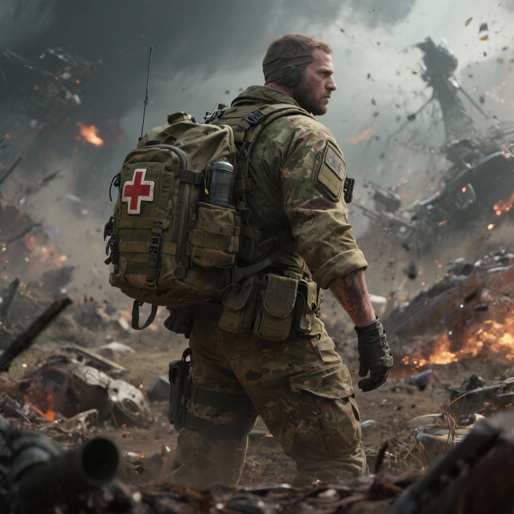 Combat Medic on Battlefield in Gritty Realism Style