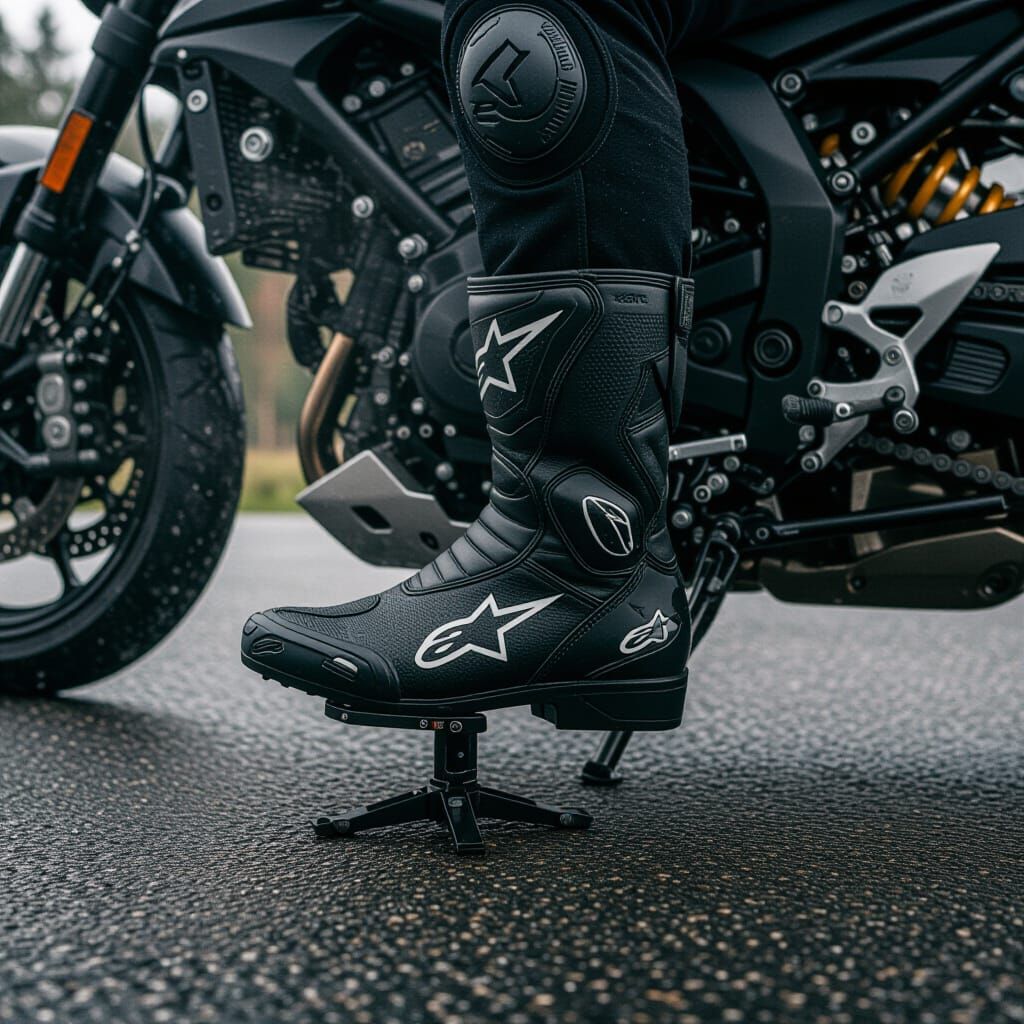 Motorcycle Kickstand Detail on Wet Asphalt