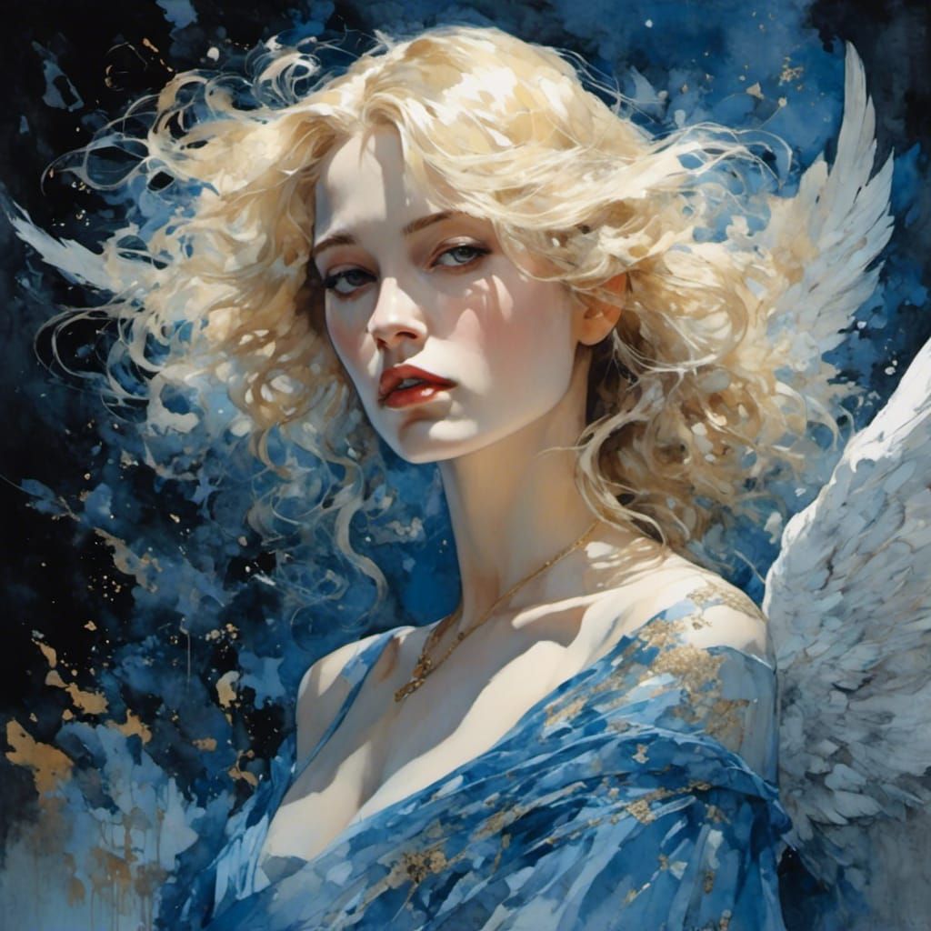 Ethereal Angel in Blue Watercolor Style