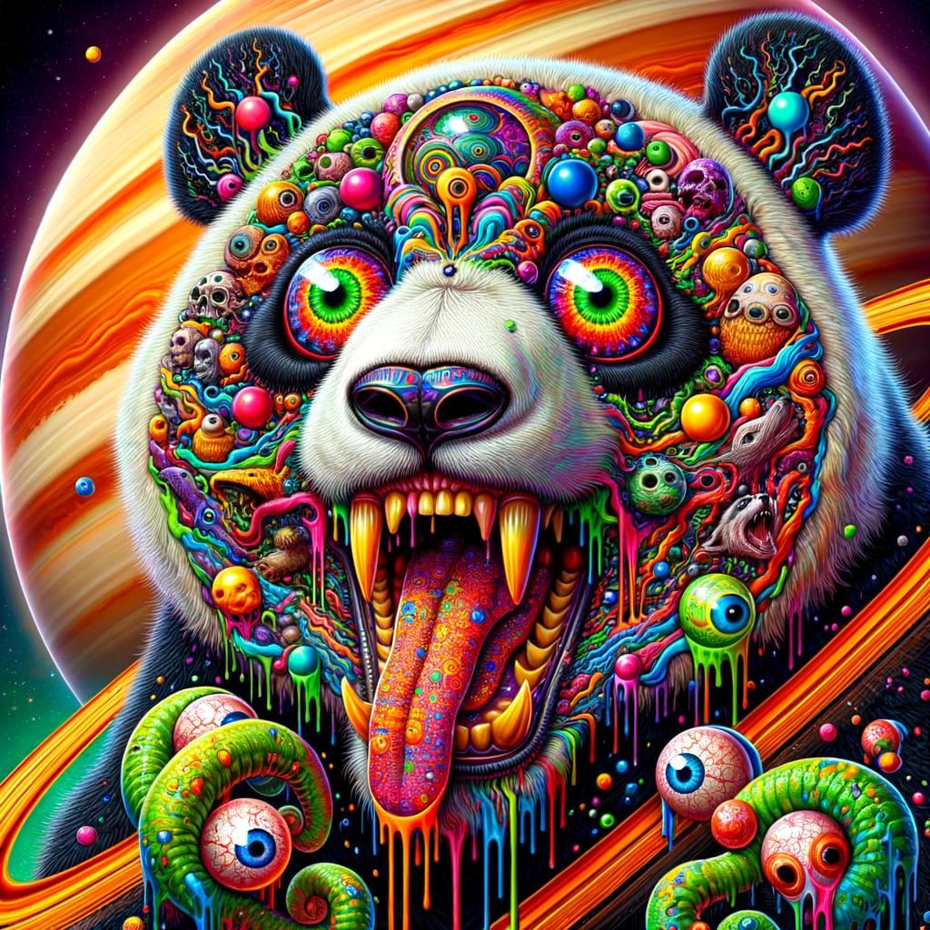Vibrant Psychedelic Panda in Eerie Saturnian Landscape