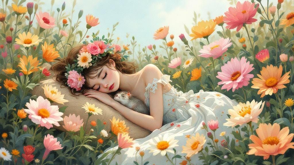 Dreamy Woman with Floral Crown and Tiny Rodent