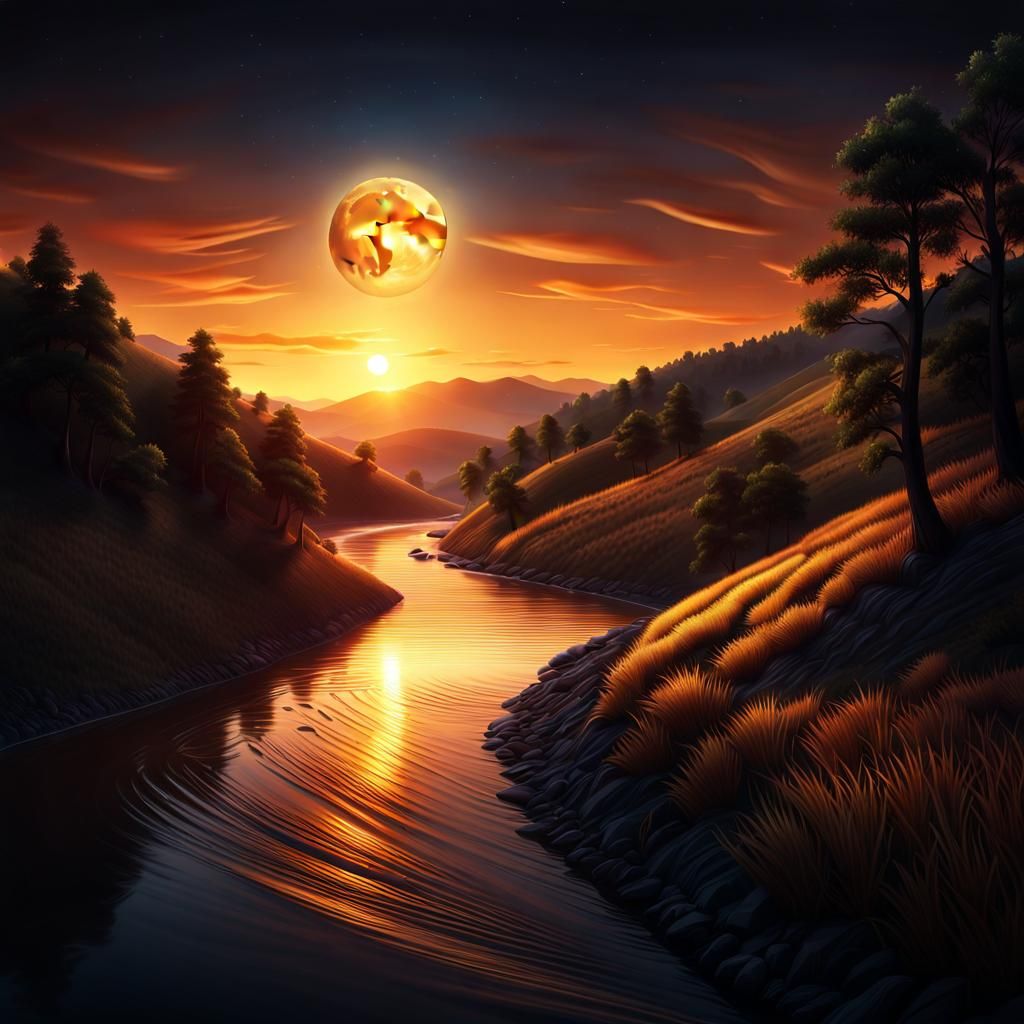 Moon Rolling Towards River: Hyperrealistic Digital Art