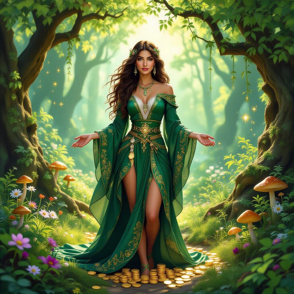 Ethereal Woman Embodies Tarot Abundance in Lush Forest