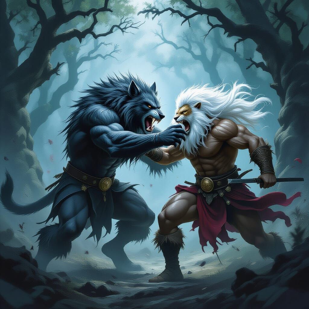 Werewolf Attack in Mystical Forest, Fantasy Art