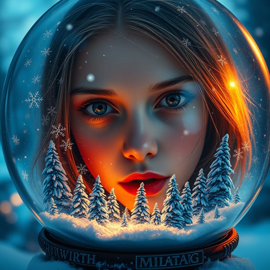 Ethereal Winter Scene with Girl and Snow Globe