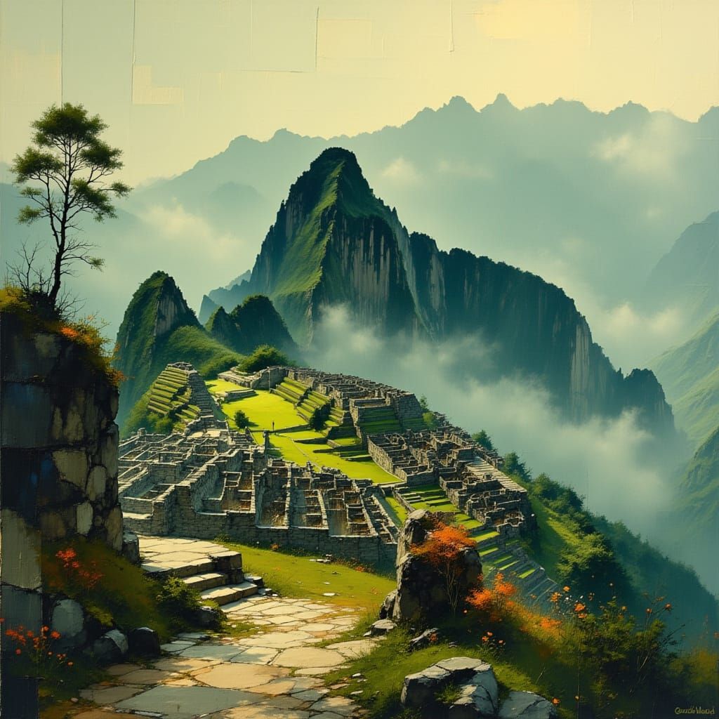 Machu Picchu in Abstract Geometric Landscape