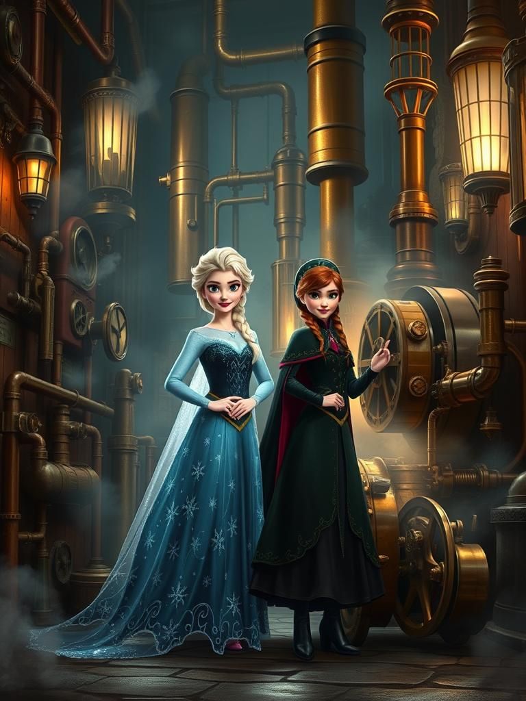 Elsa and Anna in Steampunk Alleyway