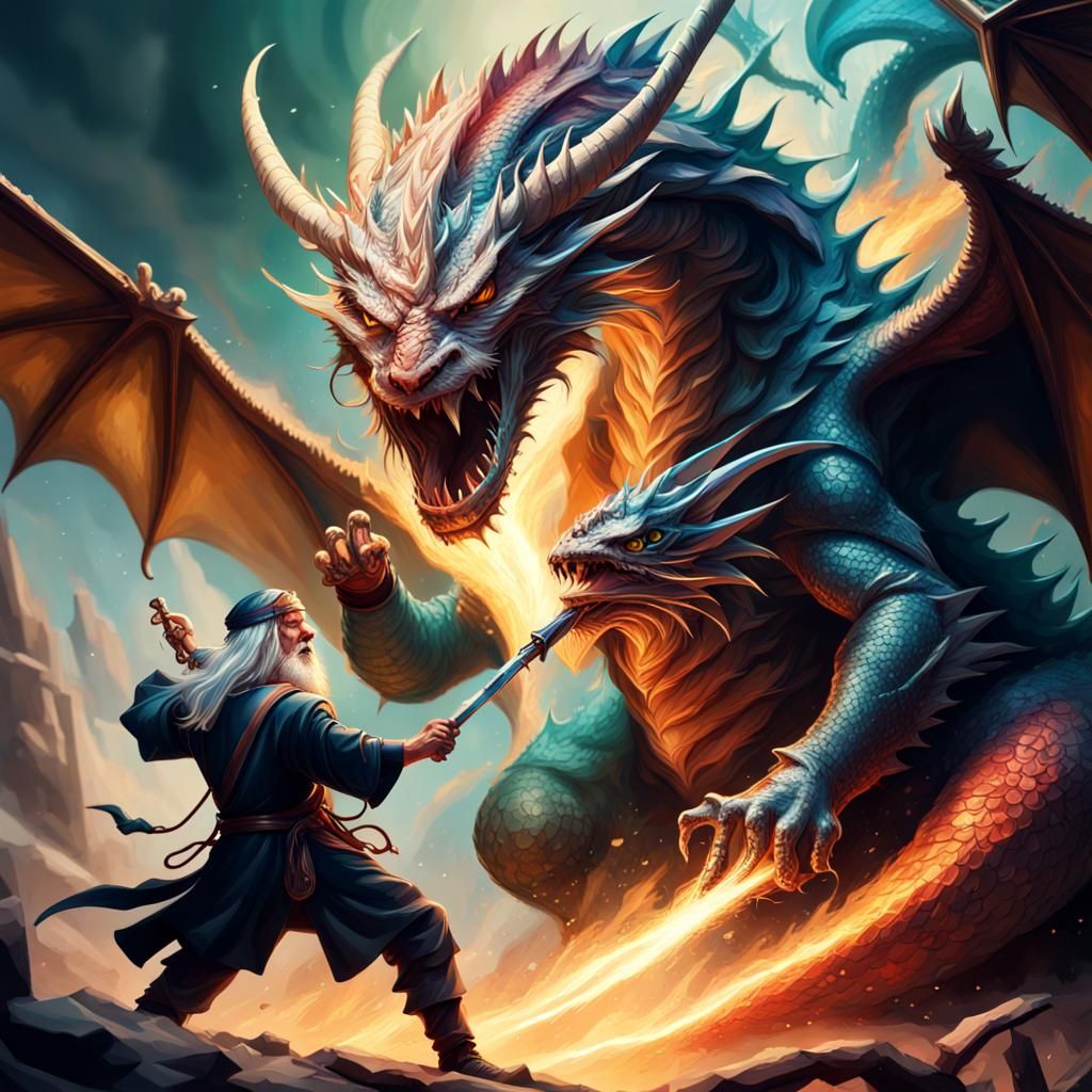 Wizard Slaying Dragon in Hyperrealistic Style