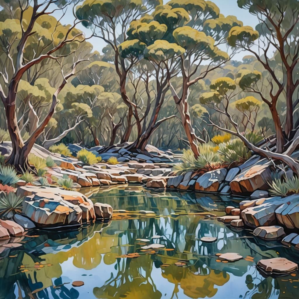 Rock Pools and Eucalyptus Trees: Impasto Gouache Painting