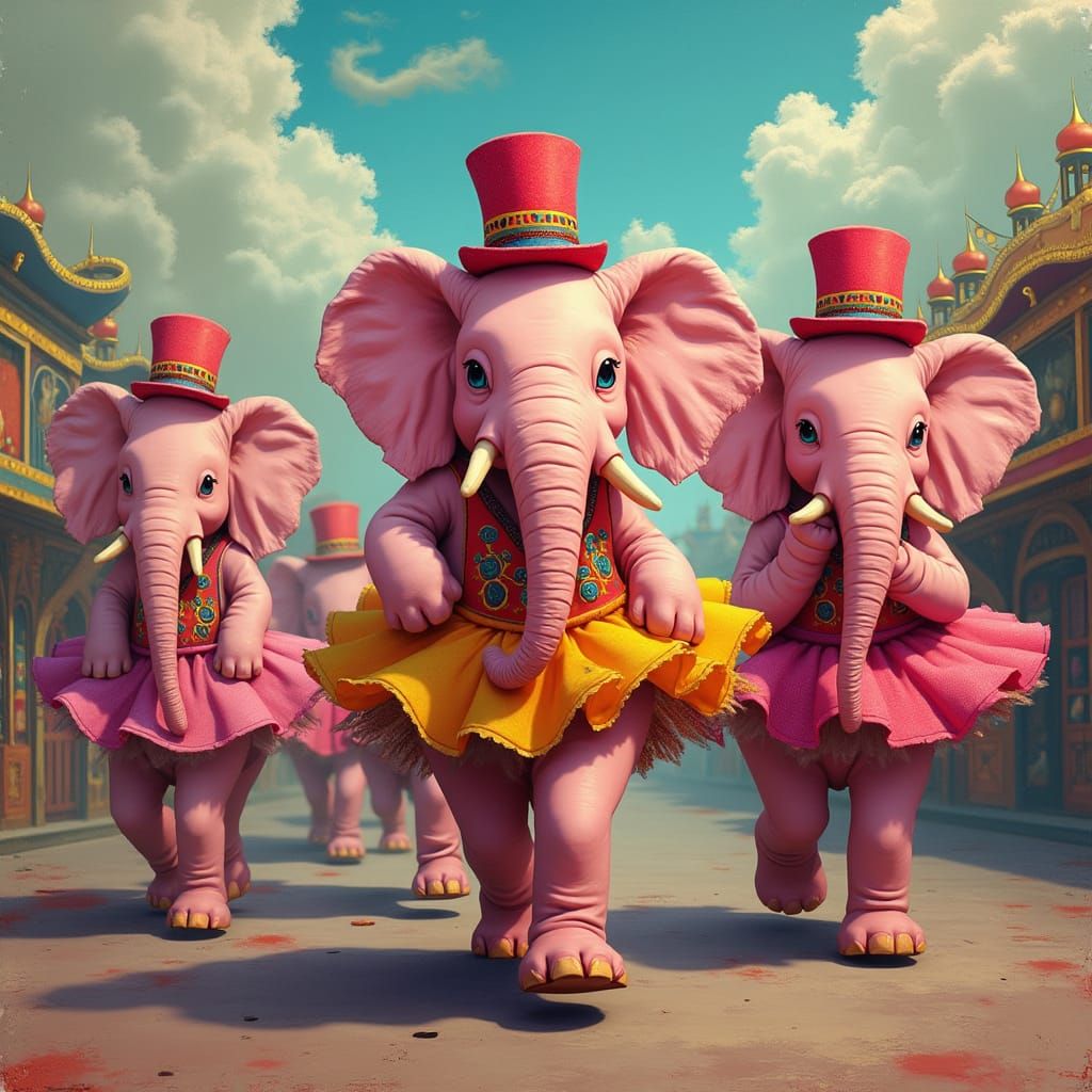 Surreal Circus Elephants Dance in Whimsical Parade