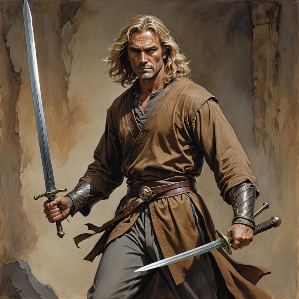 Middle-Aged Man with Sword in Dramatic Lighting