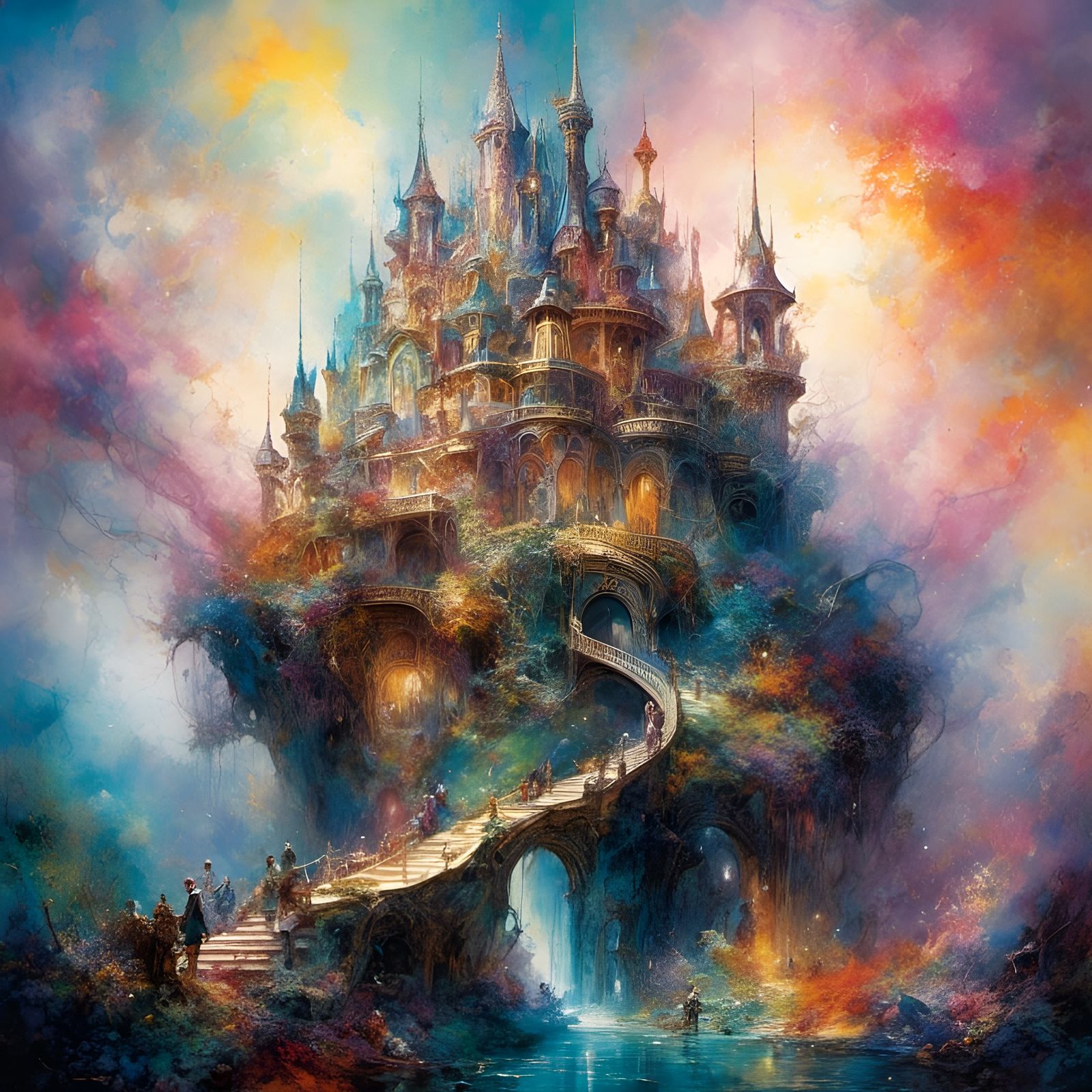 Psychedelic Elven Castle in Rainbowcore Fantasy Style