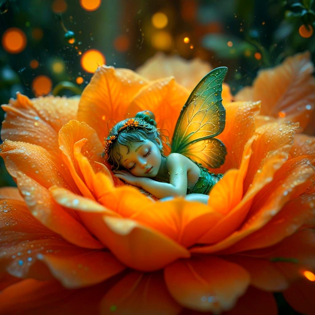 Tiny Green Fairy in Orange Bloom