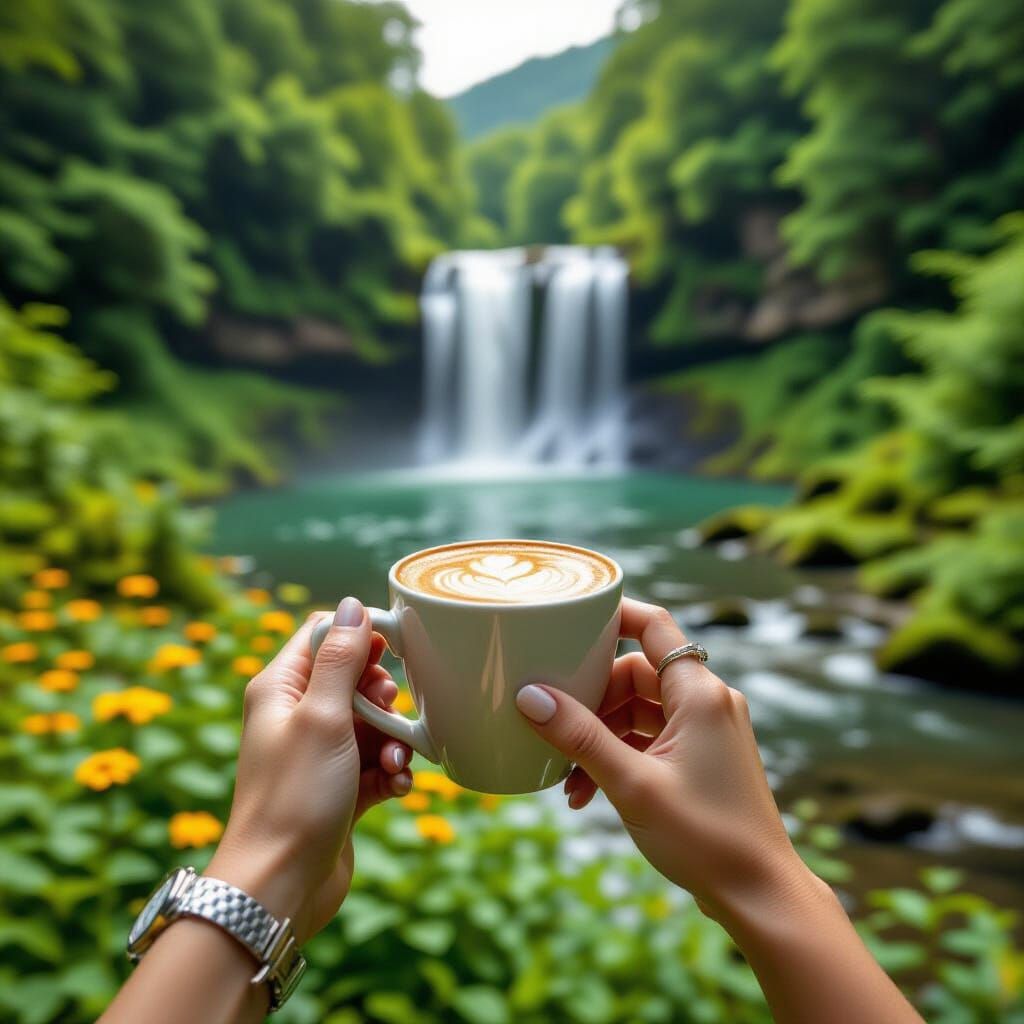 Latte with Waterfall Backdrop in Realistic Photo