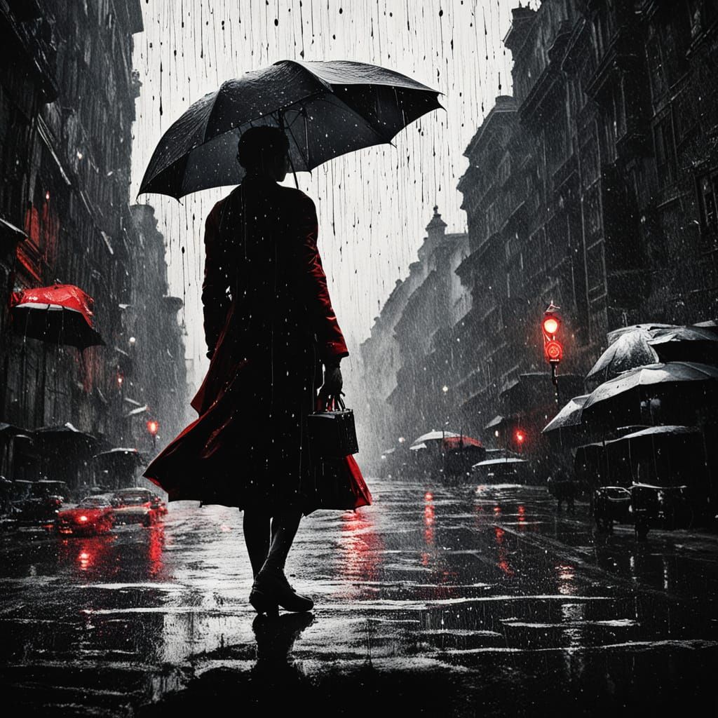 Woman in Red, Upside-Down City, Noir Photography