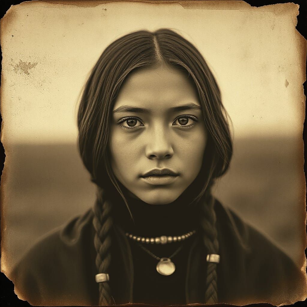Vintage Sioux Girl in Sepia Tone Photograph