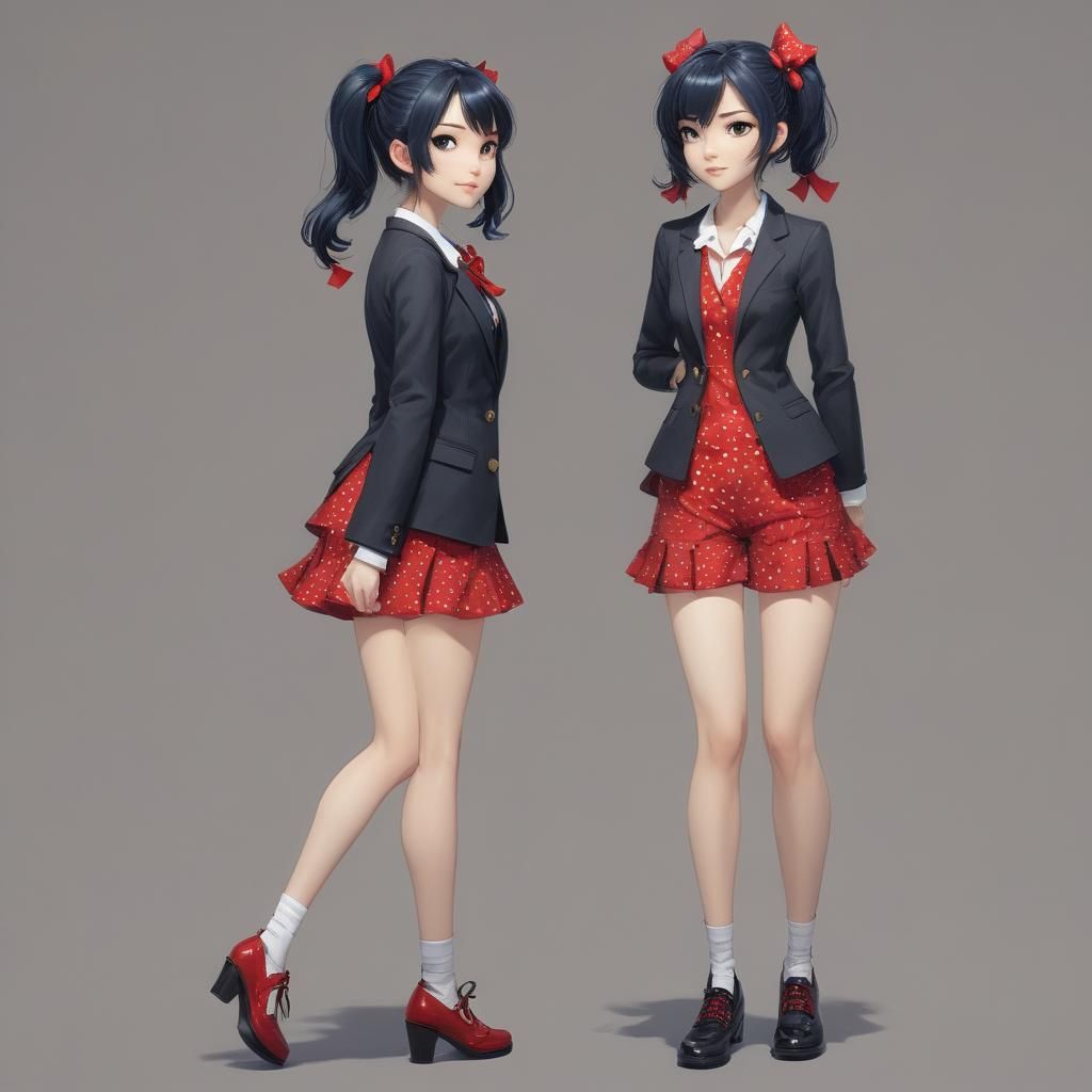 Anime Girl in Polka Dot Suit with Kitten