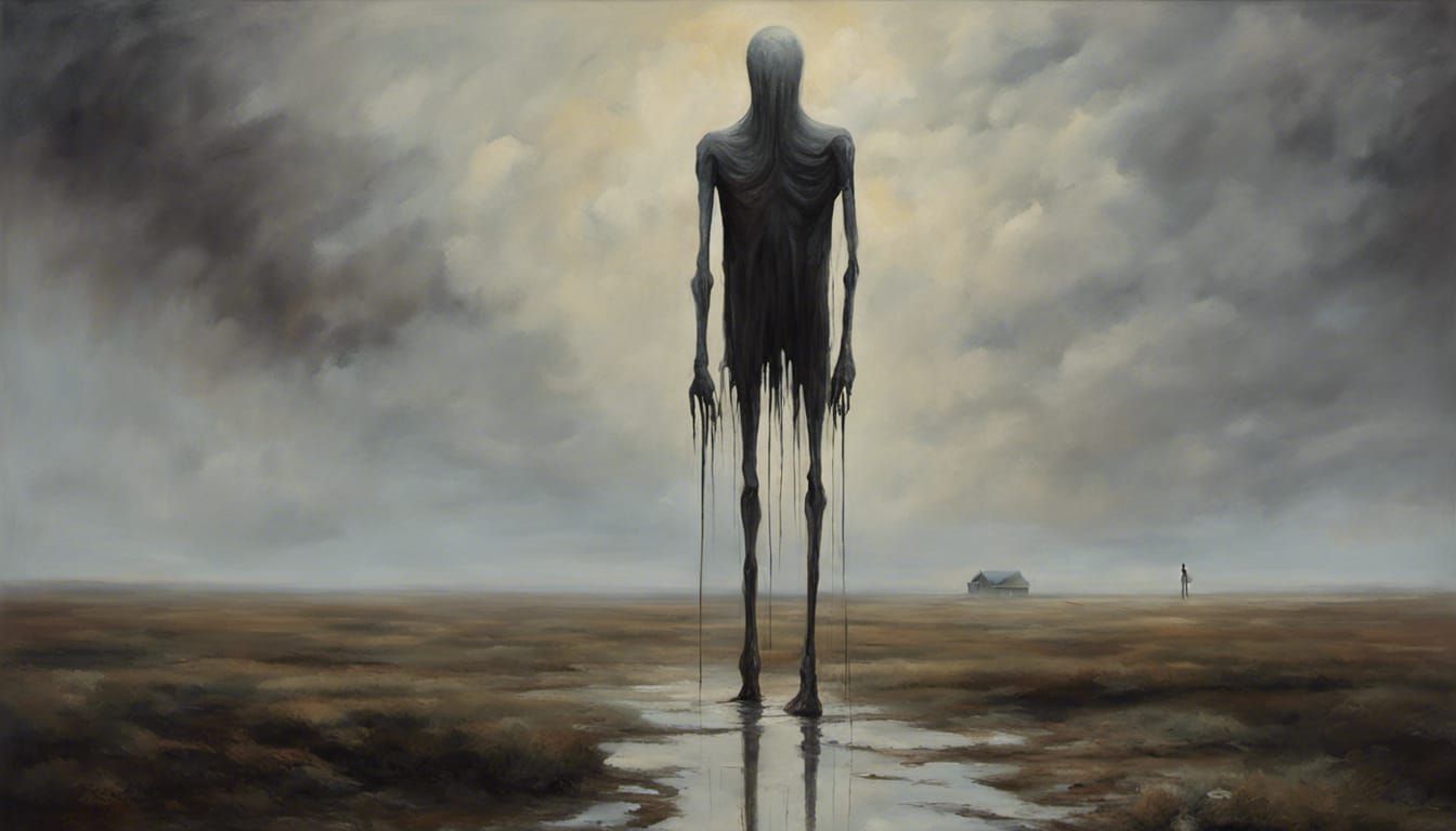 Creepy Giant in Empty Landscape: Surreal Oil Painting