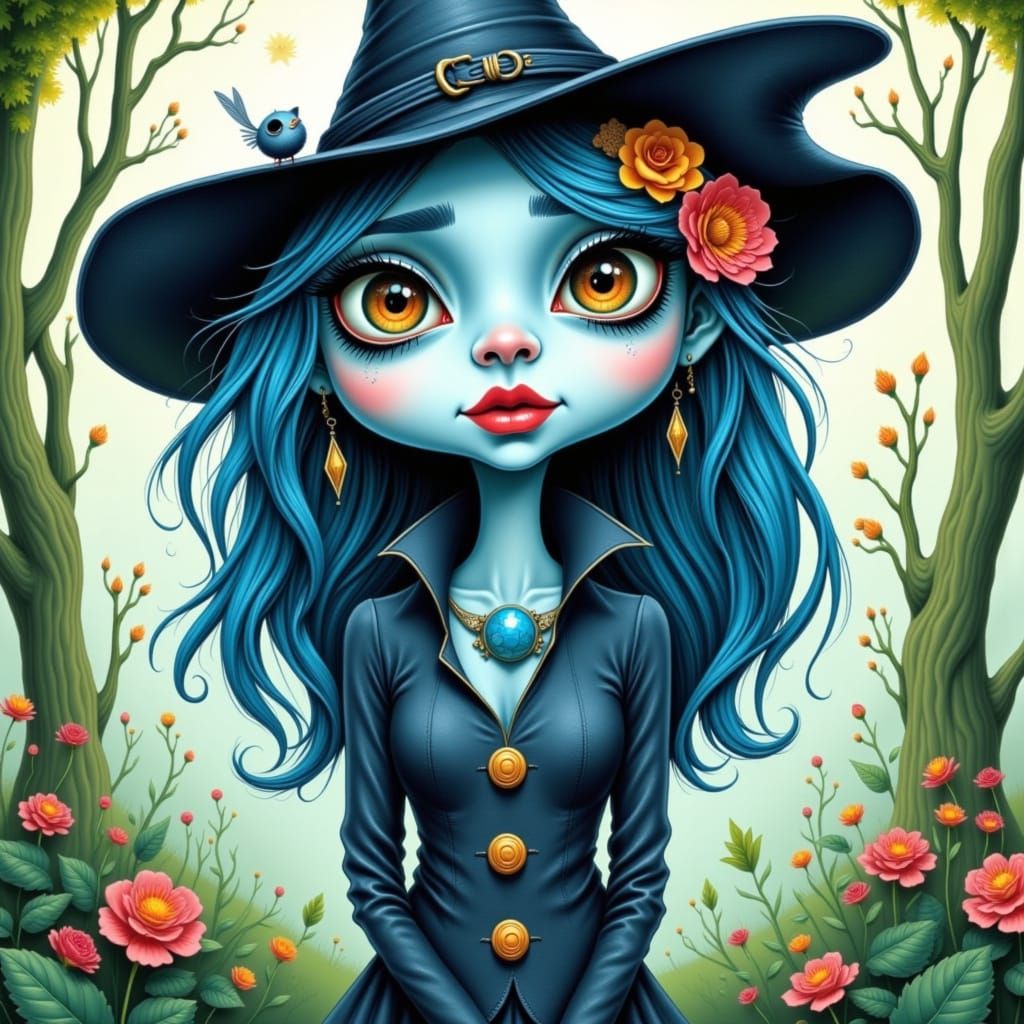 Whimsical Blue Caricature in Gothic Fairytale Style