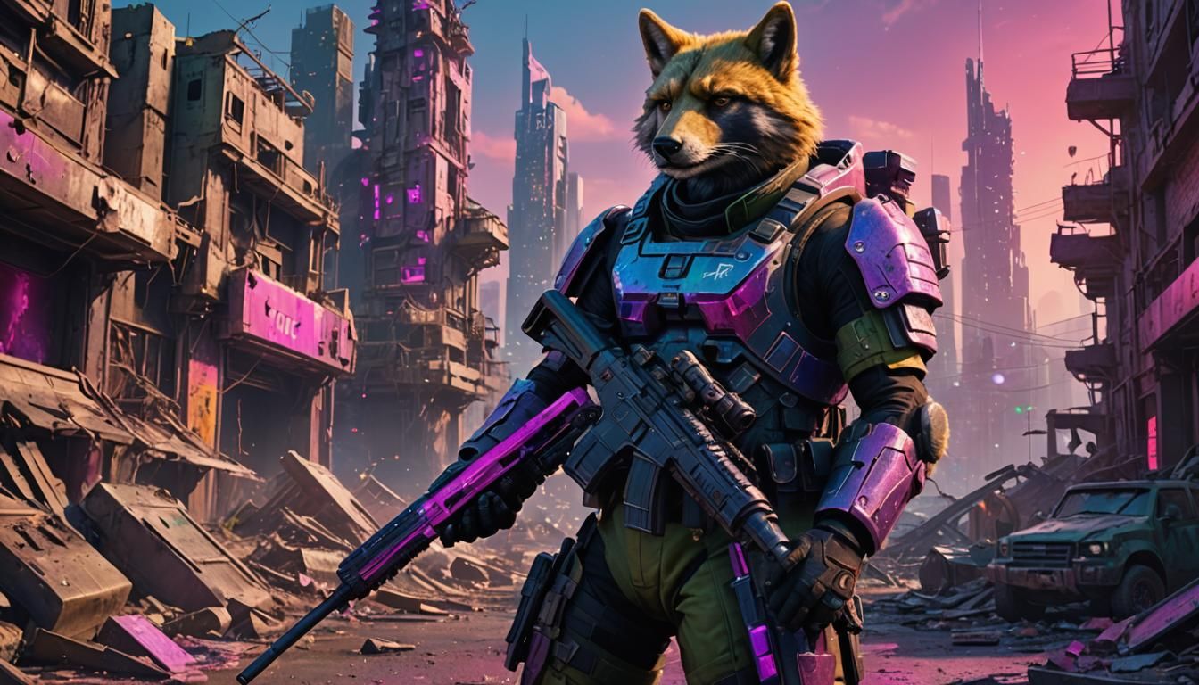 Furry Soldier in War-Torn Cityscape