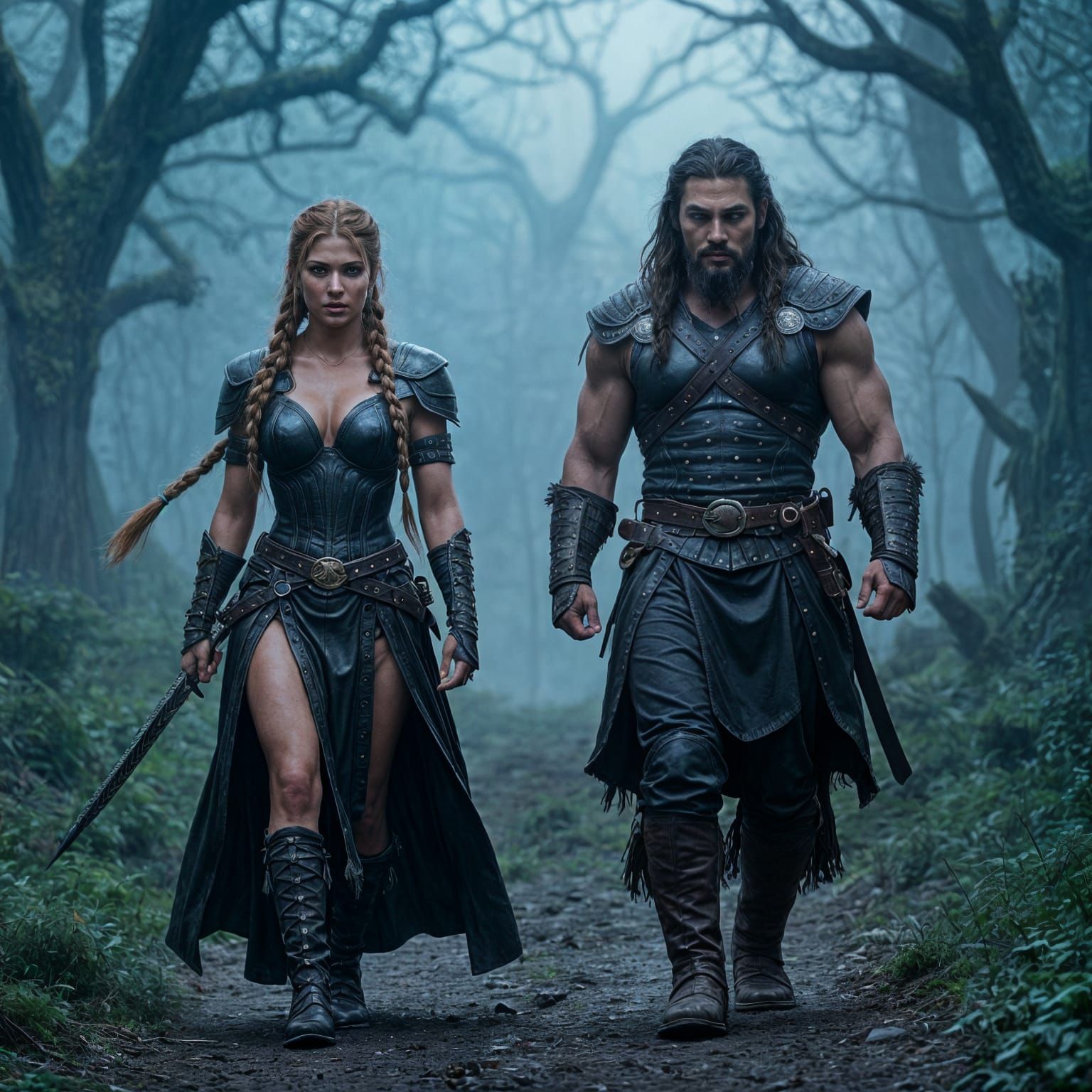 Dark Fantasy Warriors in Misty Forest