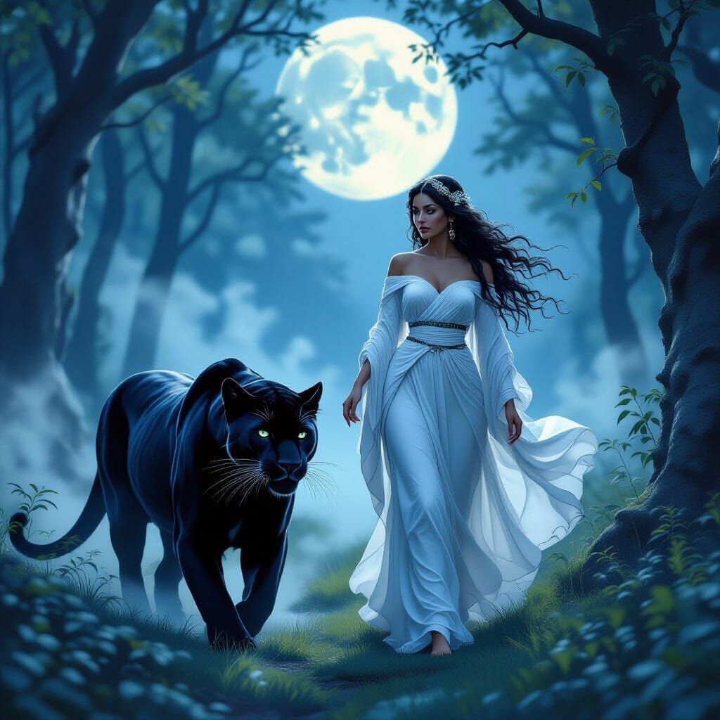 Goddess and Panther in Moonlit Forest, Fantasy Art